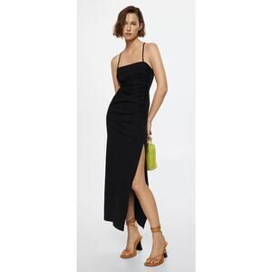 MNG Mango Ruched Midi Dress Womens Size 10 Square Neck New Black Sleeveless